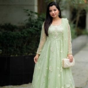 Mint Green Floral Anarkali Gown With Dupatta