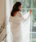White polka dot net saree with pearl embroidered border