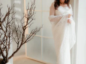 White polka dot net saree with pearl embroidered border