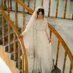 Ivory Bridal Anarkali Gown with Embroidered Dupatta